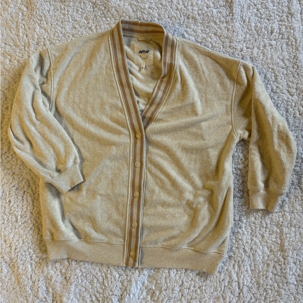 Aerie American Eagle Fleece Oversized Cardigan, beige with striped trim